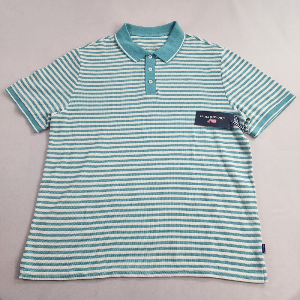 Vineyard Vines Heritage polo shirt M Medium 42" blue 2 buttons striped $98 mens